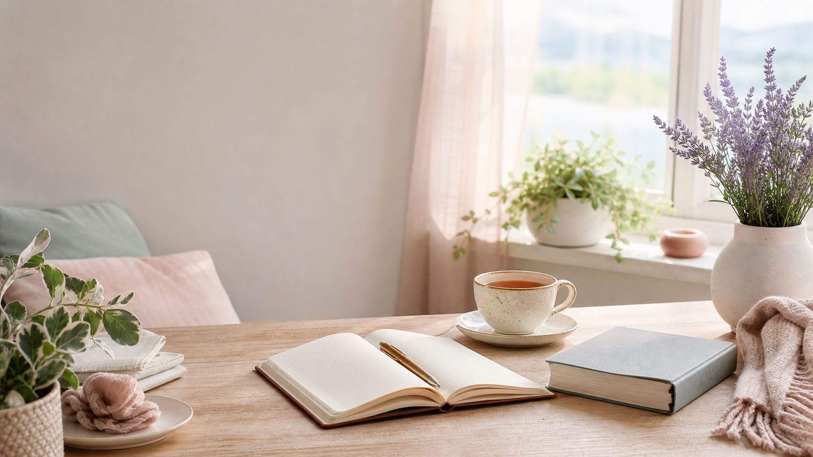 A peaceful study corner with an open journal, tea, flowers, and soft morning light.